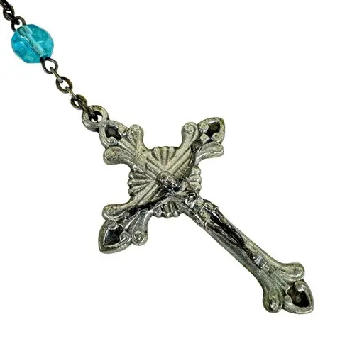 Aqua Clear Beads Metal Silver Chain Rosary Catholic Cross Blue