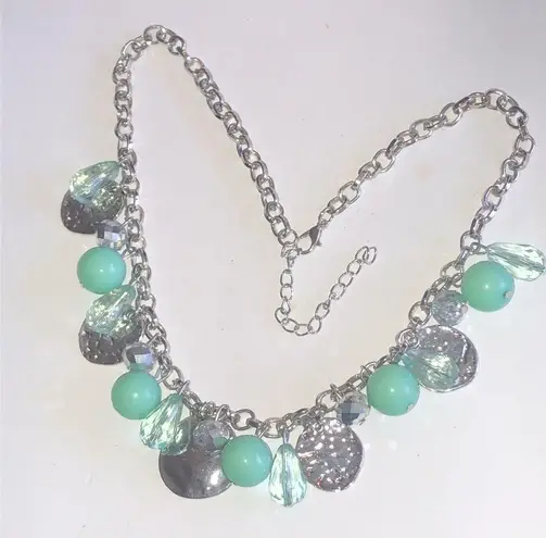 Silver Tone & Light Pale Seafoam Green Dangling Beads Boho Beaded Necklace