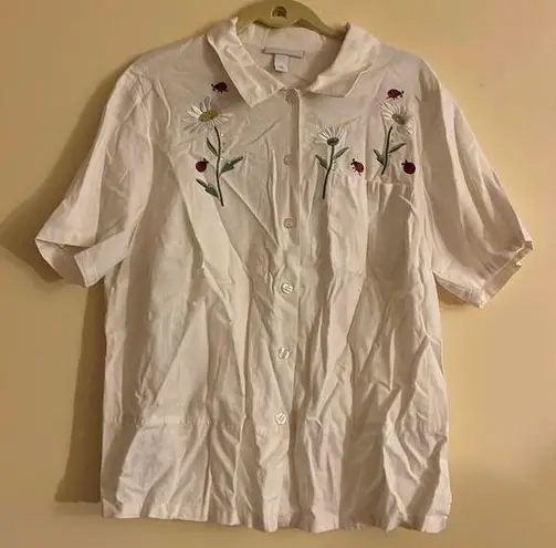 Dress Barn  Embroidered Floral White Button down Shirt Size 18W Linen blend