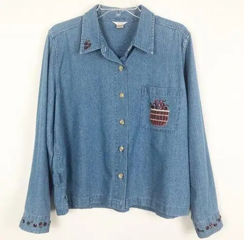 Christopher & Banks  Chambray Blue Holiday Button Down Shacket Size Large