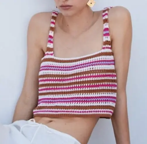 Mango  Crochet Cropped tank top stripes brown pink coverup swim bikini boho