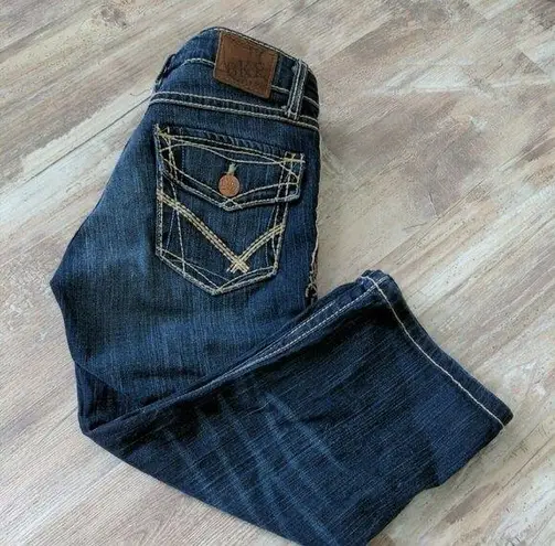BKE Stella Low Rise Stretch Cuffed Crop Jeans Embroidered Flap Pockets Size 28
