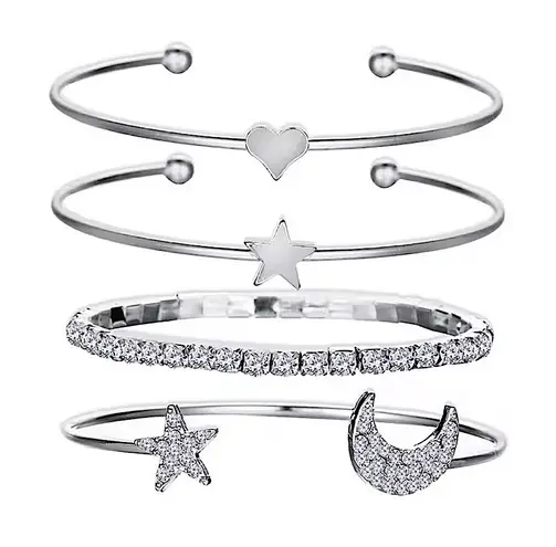 Boutique Silver Bangle Bracelet Set Crystal Star Moon Heart Charm Stackable Jewelry