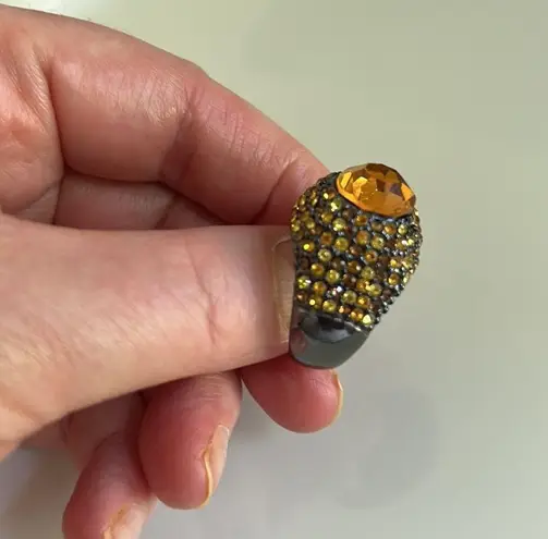 Kenneth Jay Lane Smoky Gray Metal & Amber Rhinestone Ring sz 7/7.5 Orange
