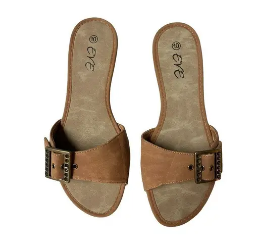 Eve Buckle Sandal Slides Low Heel Camel Color Size 10 Brown