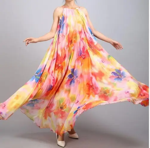 Floral Medeshe Chiffon Flowy sleevless maxi summer dress size large