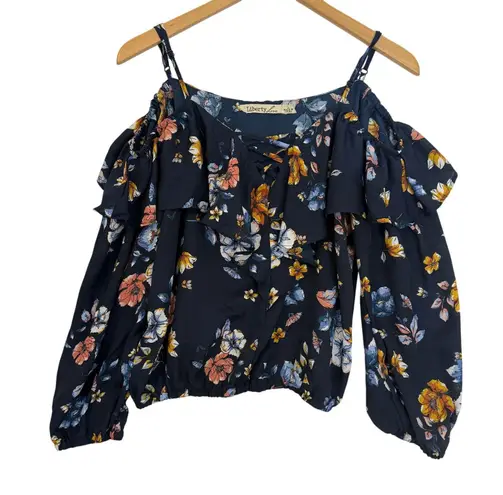 Liberty Love Floral Ruffle Cold Shoulder Cropped Top Size Lg Y2K Coquette Indie