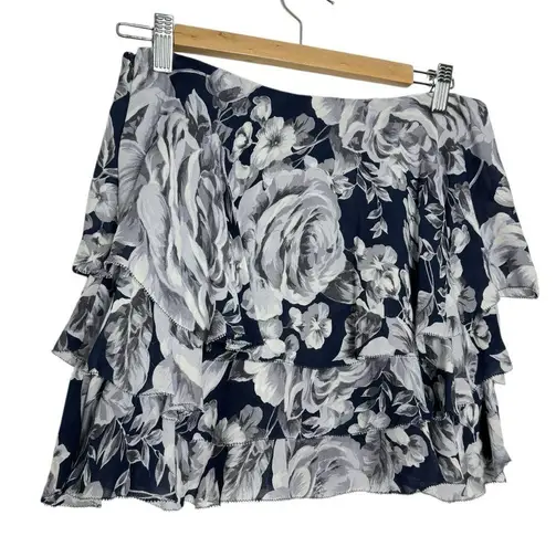 Intermix  Navy Grey Floral Print Ruffle Tiered Silk Mini Skirt