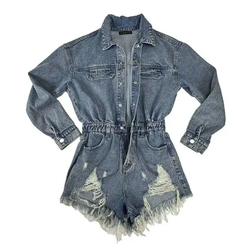 Brooklyn Karma Denim Long Sleeve Romper Shorts Women’s Small  Journey Distressed