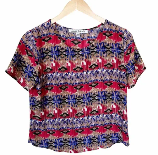 Lovers + Friends  Abstract Short Sleeve Blouse Scoop Neck Red Blue Tan Small EUC