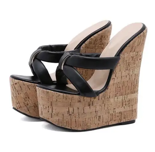 Anthropologie WEDGE HEEL SHOES SANDLE PLATEFORM CORK WOOD LEATHER STRAP NO ANKLE BOHO CHIC