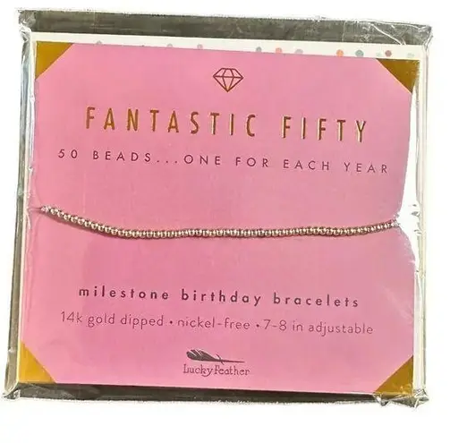 NIB LUCKY FEATHER 14K Gold Dipped Milestone 50th Birthday Stretch Bracelet