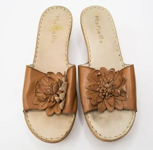 Vintage 90s Mariella Brown Leather Flower Wedge Sandals Size 9