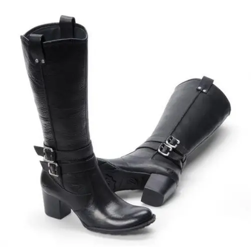 Born Lewisa knee high black stacked heel leather boots Size 7