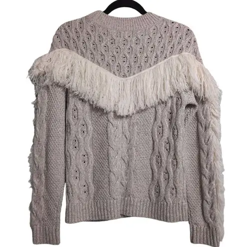Amur Ulla Sweater Oatmeal Fringe Cable Knit Crew Neck Long Sleeve Merino Wool M