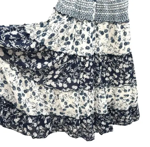 Mlle Gabrielle Mixed floral print boho smocked shirred midi maxi patchwork navy white dress