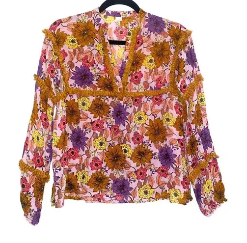 Raga Anthropologie Floral Long Sleeve V-Neck Blouse SMALL
