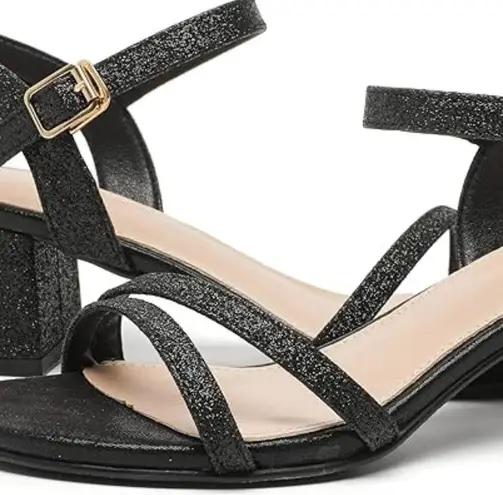 Women's Open Toe Ankle Strap Glitter BLACK Sandals Block Chunky Heels sz 9