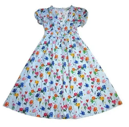 Hill House NWT Sabrina in Light Blue Space Floral V-neck Cotton Midi Dress M