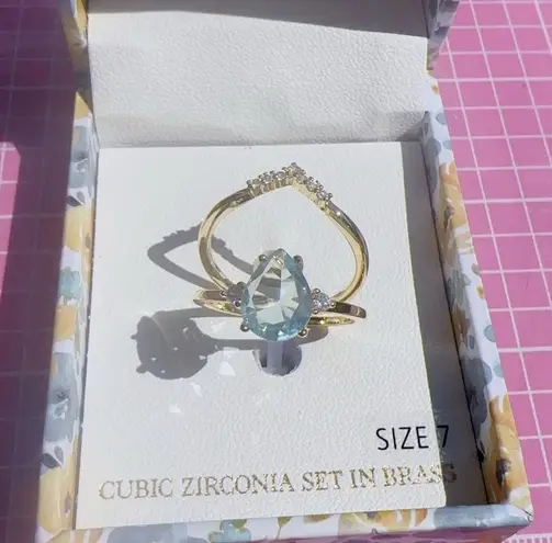 Audrey J gold tone ring set 2pc water blue diamond & white diamonds paved size 7