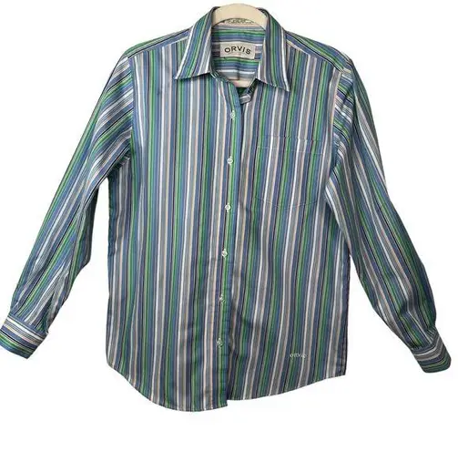 Orvis  Blue & Green Striped Button Up Shirt Top Long Sleeve Ladies Women's Size 8