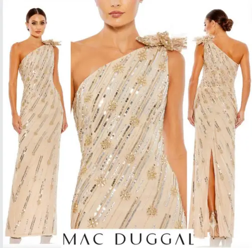 Mac Duggal 93739 Embellished Floral Feather One Shoulder Gown Size 4 Nude Gold