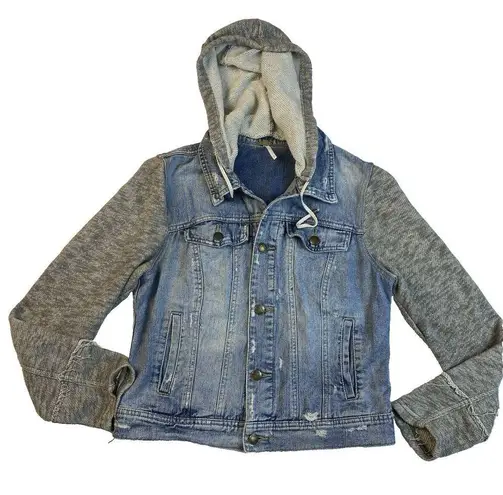 Free People  Denim Distressed Crop Hooded Jean Knit Jacket Women's Size Medium