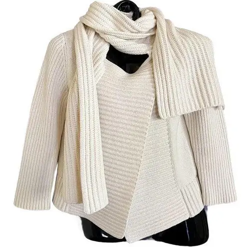 Theory Ivory White Carolyn Cardigan Sweater with Attached Muffler Scarf