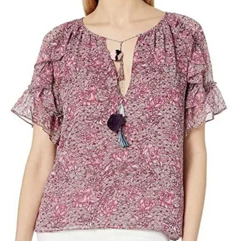 MISA Los Angeles Lino Floral Tassel Ruffle Blouse Top