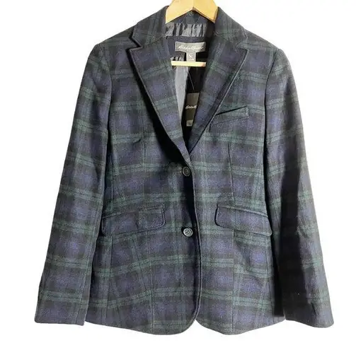 Eddie Bauer  Navy Blue Green Wool Blend Plaid Blazer Jacket Women’s 4 Petite