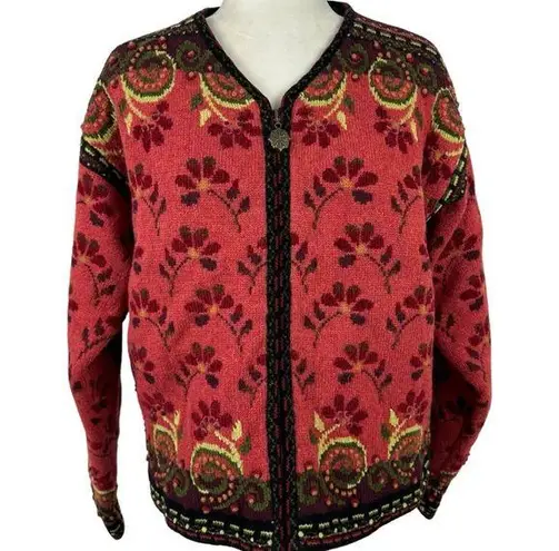 Icelandic Design Full Zip Jacket Wool 3D Knit Textured Floral Vintage Lined L Size L