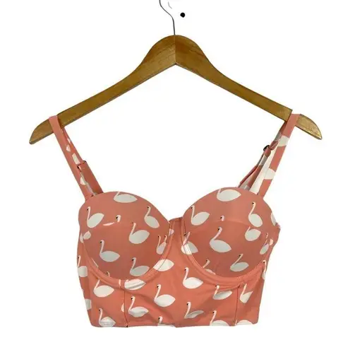 Kingdom & state Peachy Coral Swan Print Retro Longline Bikini Top Swim Top Large