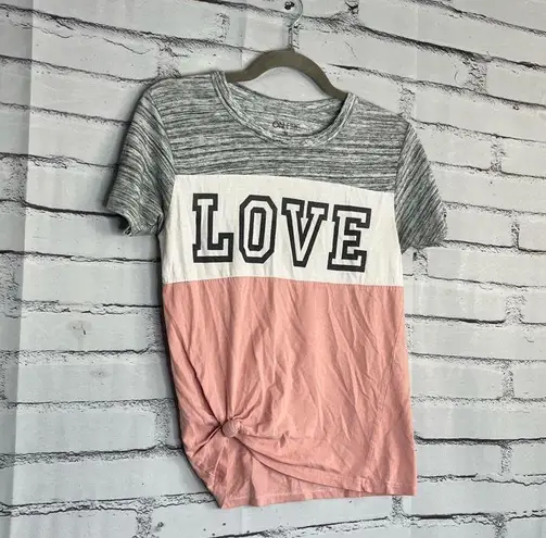 On Fire Colorblock “Love” Tee M Grey Pink White Casual Summer Streetwear Top Y2K