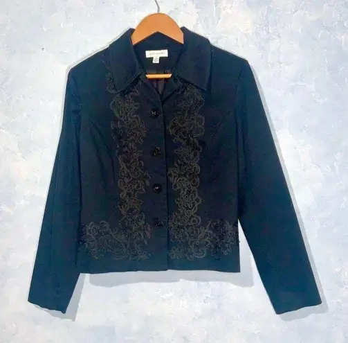 Vintage David Brooks Black Velvet Embroidered Cropped Button Front Jacket Size 6