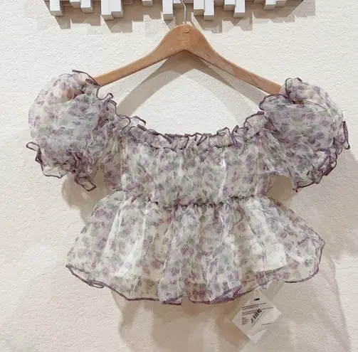 J.ING Jing Floral Print Organza Off Shoulder Crop Top One Size NWT White