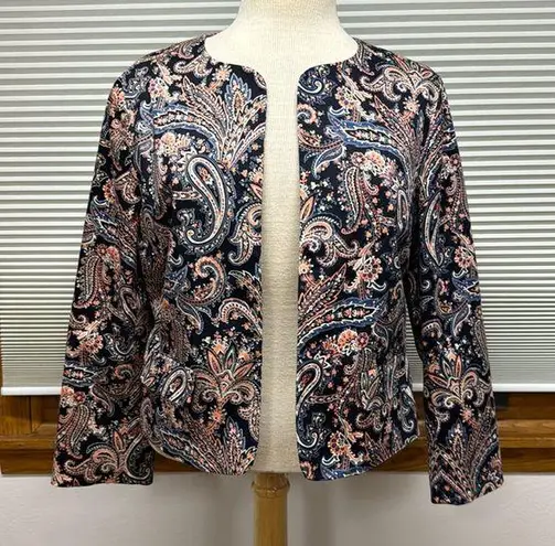Pendleton Navy Blue and Pink Paisley Patterned Open Front Blazer Jacket