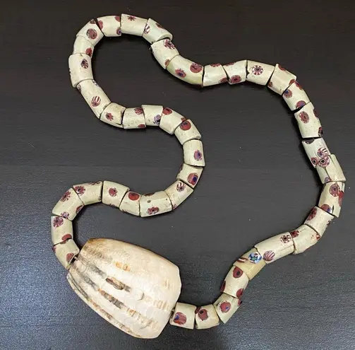 African Venetian Antique Bear Paw Evil Eye Millefiori Glass Trade Beads Necklace