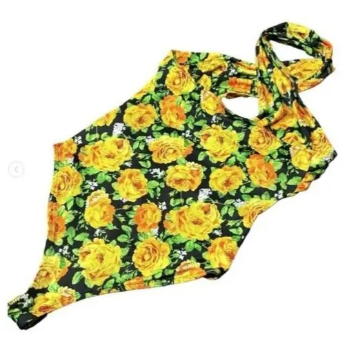 ZARA  Floral Sleeveless Halter Bodysuit Top Black & Yellow S