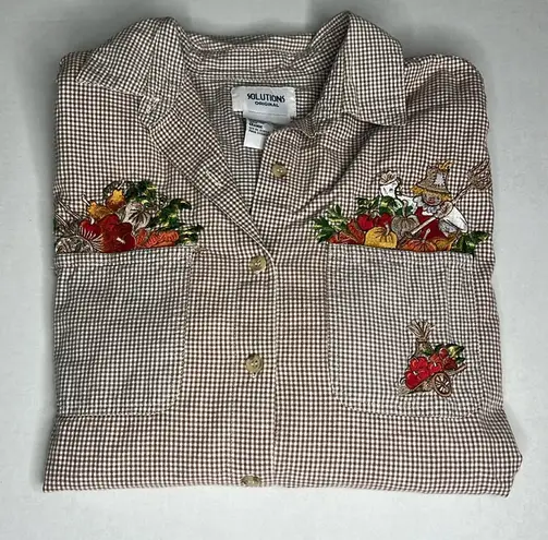 VTG Solutions Original Gingham Plaid Button Down Fall Embroidered Top Size L Brown Size L