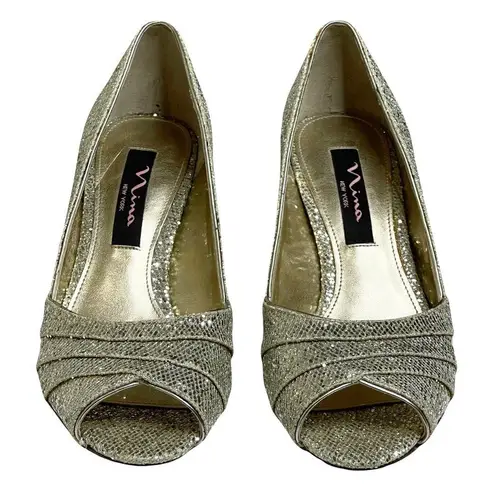 Nina new 𖦹 Sparkly Glittery Peep Toe Kitten Heels 𖦹 Champagne Gold 𖦹 6.5M 𖦹