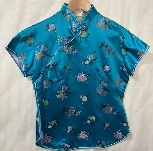 Vintage 80's Embroidered Teal Floral Top Feminine Chic Romantic, 38, W/Flaws Blue