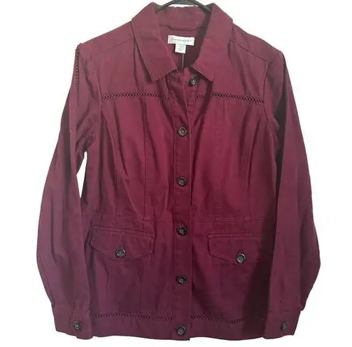 Christopher & Banks NEW  Blazer Jacket Medium Red Wine Eyelet Trim Cotton Pockets