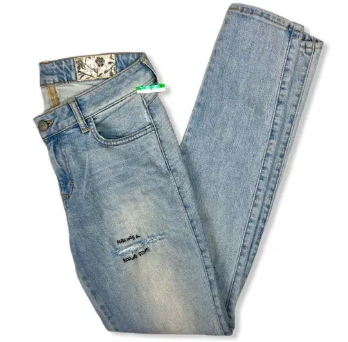 Siwy Hannah Skinny Light Wash Embroidered Quote Distressed Jeans 7 Day Weekend Size 27