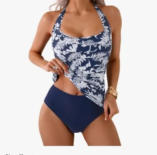 Eomenie Halter Tankini Bathing Suit Ruched Tummy Control with Bottom Blue