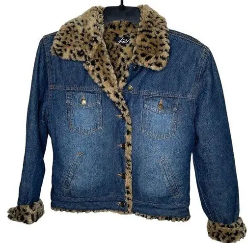 Vintage 90s 1990s y2k 2000s denim jacket with cheetah print faux fur lining retr Blue