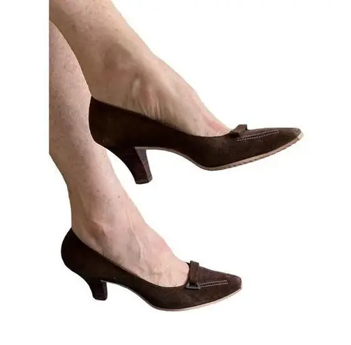 50s Delman VTG Brown Suede Ladies Pump Wood Heel Made in England Suede Sz 7