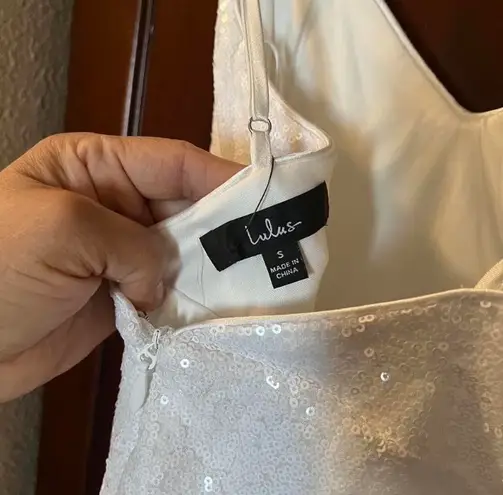 Lulus lulu’s white, sequin, sparkly slit dress with adjustable straps thumbnail 3