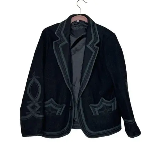 None Black Blazer Wool Appliqué Design Two Button Closure VINTAGE Retro