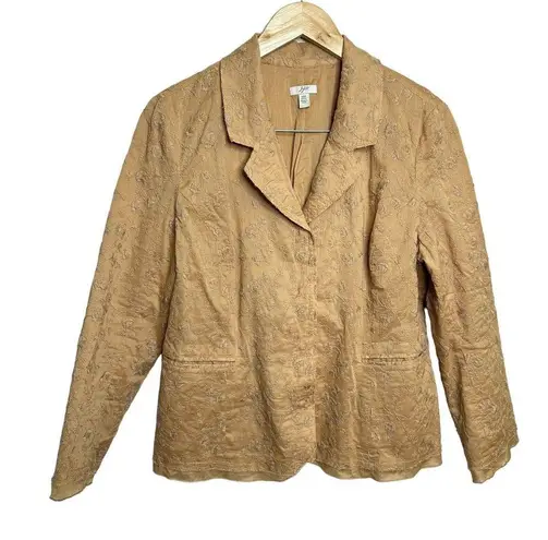 J.Jill  Ginger 100% Cotton Boho Embroidered Lined Blazer Jacket Size 12 p Tan