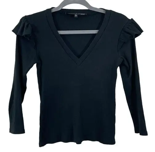 Veronica Beard  Selene Ribbed Ruffle Top Size XS Long Sleeve Black Shirt